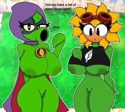 2girls big_breasts cloak english_text female flora_fauna green_shadow_(pvz) heart heart-shaped_pupils leaf looking_at_viewer peashooter_(pvz) plant plant_girl plants_vs_zombies plants_vs_zombies:_heroes pussy solar_flare_(pvz) sunflower_(pvz) verdoshonsfw