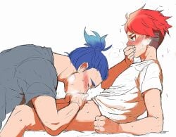 2boys asayoshi_(asa_636shu/asay0ssyy) blowjob blue_hair blush bottomless closed_eyes clothed covering_mouth duo fellatio gay headband holding_penis jikkyou_powerful_soccer long_hair looking_at_another lying lying_on_back lying_on_bed male male/male male_only masaru_kirisame oral oral_penetration oral_sex penis ponytail raito_mise red_hair sex shaved_head short_hair steam steamy_breath sweat sweatdrop trembling white_background yaoi