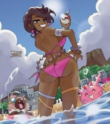 1girls ass back backboob beach big_ass big_breasts bikini breasts corsola dark-skinned_female dark_skin human lipstick looking_at_viewer looking_back mature_female nail_polish nintendo older_female olivia_(pokemon) outdoors outside pink_lipstick pink_nails pokemon pokemon_(species) pokemon_sm rockruff skindentation smile thick_thighs thighs wanderjegson water