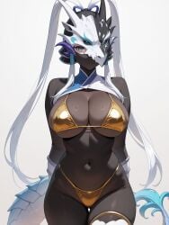 1girls ai_generated arms_behind_back belly belly_button big_breasts bikini blue_eyes bodysuit breasts breasts_out civitai cleavage dragon_girl dragon_tail female female_focus female_only full_body full_body_suit gold_anklet gold_bikini gold_panties hands_behind_legs helmet helmet_over_eyes large_breasts long_hair looking_at_viewer mask masked masked_female mouth_mask simple_background solo solo_female solo_focus stomach swordsoul_of_mo_ye tail thick_hips thick_thighs thighhighs thighs twintails very_long_hair white_background white_hair wide_hips yu-gi-oh!