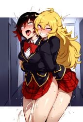 ai_generated being_held blonde_hair clothed_sex cum_inside eyes_rolling_back futa_on_female futanari hug_from_behind implied_futanari implied_sex incest overflowing_cum rape red_hair ruby_rose rwby sisters yang_xiao_long