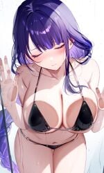 bare_shoulders big_breasts bikini black_bikini breasts_against_glass closed_eyes female genshin_impact hands_against_glass long_hair pressed_on_glass purple_hair raiden_shogun simple_background swimsuit very_long_hair wet wet_body