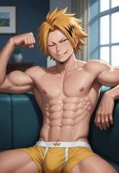 1boy :p abs ai_generated boxer_briefs boxer_briefs_only bsky_link bulge civitai denki_kaminari dvxxxgrai flexing gay kaminari_denki male male_only male_underwear muscular muscular_male my_hero_academia navel nipples nude one_eye_closed pony_diffusion_xl seat smirk solo solo_male tagme toned toned_body toned_male tongue twitter underwear underwear_only x_(social_media) yaoi yellow_eyes yellow_male_underwear