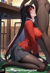 1girls ai_generated big_breasts black_hair black_pantyhose blunt_bangs dark-skinned_male deepthroat degenbrecher female hand_on_another's_head jabami_yumeko oral pantyhose patreon patreon_username red_eyes red_jacket school_uniform skirt subscribestar subscribestar_username uncensored white_shirt