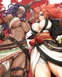 2girls abs anagumasan arc_system_works baiken bandages belt big_breasts black_gloves blue_eyes breasts busty cleavage dark-skinned_female dark_skin darli_dagger dreadlocks fat_breasts female female_only fingerless_gloves from_below frown gloves grin guilty_gear headband highres holding holding_weapon huge_breasts japanese_clothes long_hair looking_at_viewer multiple_belts multiple_girls muscular muscular_female navel not_porn open_mouth pirate ponytail pov purple_hair red_hair samurai_shodown scar scar_across_eye shoulder_tattoo side-by-side six_pack smile snk tattoo teeth thick_thighs thighs underboob weapon