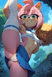 1girls ai_generated amy_rose animal_ears animal_tail anthro blush cameltoe cheerleader cheerleader_uniform civitai crop_top female fur furry furry_female furry_only green_eyes hair_ornament huge_thighs leg_grab leg_up looking_at_viewer outdoors panties pink_hair seductive_look seductive_smile sega shortstack skirt small_breasts smile solo sonic_(series) sonic_the_hedgehog_(series) standing standing_on_one_leg standing_split thick_thighs thighs viewed_from_below wide_hips