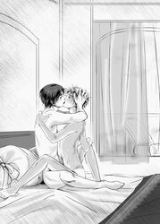 2boys arthur_kirkland axis_powers_hetalia barefoot bed england_(hetalia) feet feliciano_vargas gay hand_in_hair hand_on_head highres hug italy_(hetalia) kissing male male/male monochrome multiple_boys nude sex sweat yaoi