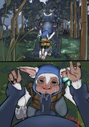 blue_eyes comic crying cum cum_in_mouth deepthroat dominant domination dota_2 gay grabbing green_skin male/male meepo_the_geomancer tears tree water white_fur yaoi yellow_eyes