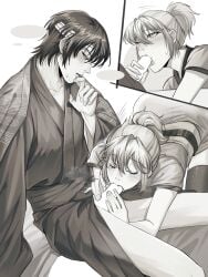 1boy 1girls aged_down blowjob blush breath censored erection fellatio female gintama japanese_clothes kijima_matako kimono looking_at_another male monochrome oral penis ponytail sitting takasugi_shinsuke takasugimatako