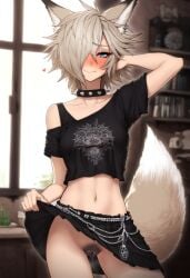 ai_generated bedroom blonde_hair blue_eyes blush canine_pussy cookie-girl crop_top eyeliner ezara_(oc) fox_ears fox_girl fox_tail gender_bender gender_transformation genderbent genderswap_(mtf) goth goth_girl lifting_skirt punk punk_girl rule_63 seductive seductive_look seductive_pose shorts shy skinny skinny_girl smile solo solo_female solo_focus spiked_collar upskirt