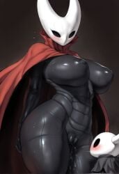 ai_generated black_body blue_nipples bound_legs breasts breasts_out cape civitai female female_focus female_only glowing_genitalia glowing_nipples hollow_knight hornet_(hollow_knight) medium_breasts nipples red_cape team_cherry