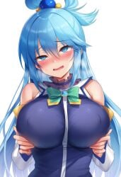 1female 1girls 1woman ai_assisted ai_generated anime_style aqua_(konosuba) areola_slip big_breasts blue_eyes blue_hair blue_skirt blush blushing breast breasts breasts_focus female female_focus female_only focus hair_between_eyes hair_ornament hair_rings hi_res konosuba large_breasts long_hair long_sleeves looking_at_viewer nipples_visible_through_clothing shirt single_hair_ring skirt solo tight_clothing woman_only