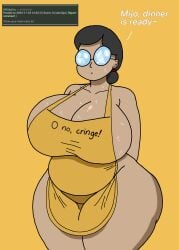 2d almost_naked almost_nude apron apron_only bbw bbw_mom belly big_ass big_breasts black_hair breasts_bigger_than_head child_bearing_hips chubby chubby_female curvy curvy_female curvy_figure dan-jzu emotionless english_text female_focus female_only gigantic_breasts glasses hair_bun huge_ass huge_breasts ibispaintx looking_at_viewer mature_female mature_woman milf min_(dan-jzu) mommy mother motherly_figure my_mom rule_34_comment simple_background solo solo_female sweat sweaty_breasts thick_thighs thighs_bigger_than_head tummy voluptuous voluptuous_female wide_hips