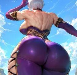 1girls armlet ass ass_focus back bare_shoulders big_butt bird blue_sky breasts cloud elbow_gloves gloves huge_ass isabella_valentine large_breasts leotard mature_female muscular_female penis purple_bikini pussy seagull short_hair silver_hair sky soul_calibur swimsuit thick_thighs thighs