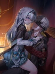 1boy1girl blindfold bondage caelus_(honkai:_star_rail) dominant_female firefly_(honkai:_star_rail) gray_hair hands_behind_back honkai:_star_rail looking_at_viewer sitting_on_lap sitting_on_person submissive_male tied_up white_hair