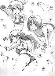 3girls :o armpits ass asymmetrical_hair bent_over blunt_bangs blush bra breasts cleavage creatures_(company) erika_(pokemon) flower game_freak gym_leader hairband heart highres hime_cut holding holding_poke_ball kasumi_(pokemon) legs lingerie long_hair looking_at_viewer medium_breasts multiple_girls navel nintendo open_mouth panties parted_lips poke_ball poke_ball_(basic) pokemon pokemon_(anime) pokemon_(classic_anime) pokemon_rgby ponytail sabrina_(pokemon) sakiecho short_hair shorts side_ponytail small_breasts smile sweat sweatdrop thighs underwear underwear_only wugtrio