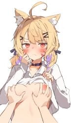 ahoge animal_ear_fluff animal_ears blonde_hair blush braid breast_grab breasts cat_ears choker closed_mouth collarbone female frown grabbing hair_ornament hairclip long_sleeves looking_at_viewer medium_breasts nipples orange_eyes pov red_eyes shirt shirt_lift simple_background small_breasts solo_focus squchan_(vtuber) striped twintails upper_body vyugen white_background white_shirt