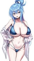 absurdres aqua_(konosuba) big_breasts bikini blue_bikini blue_eyes breasts cleavage hair_between_eyes hanasaka_houcha hands_on_own_hips highres kono_subarashii_sekai_ni_shukufuku_wo! large_breasts long_hair long_sleeves looking_at_viewer navel open_mouth shirt sidelocks simple_background solo standing swimsuit wet white_background white_shirt