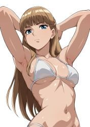 1girls absurd_res armpits arms_behind_head big_thighs bikini blue_eyes breasts female female_only gundam gundam_wing hi_res huge_thighs jabara_tornado large_thighs long_hair looking_at_viewer navel relena_peacecraft swimsuit thick_thighs thighs voluptuous white_background