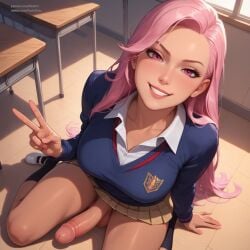 1futa ai_generated futanari gyaru looking_at_viewer pasart pink_hair school_uniform schoolgirl solo solo_futa