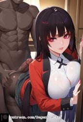 1girls ai_generated big_breasts black_hair black_pantyhose blunt_bangs dark-skinned_male degenbrecher female imminent_sex jabami_yumeko pantyhose patreon patreon_username red_eyes red_jacket school_uniform skirt subscribestar subscribestar_username uncensored white_shirt