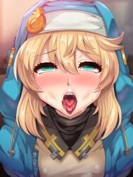 1boy alternate_version_available androgynous blue_eyes blush bridget detailed_background drooling femboy girly guilty_gear hood human indoor inside kissing looking_at_viewer male male_only open_mouth rolling_eyes room sakusaku_(sakusakucrab) saliva shiny shiny_skin solo tear tongue_out yellow_hair