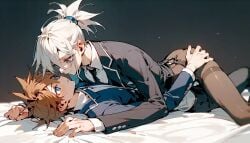 1femboy 2boys ai_generated almost_kissing blue_eyes femboy_on_male femboy_on_top hair_tied_back hands_on_ass looking_at_partner mila_matsumoto oc original original_character pantyhose suit_and_tie white_hair yaoi