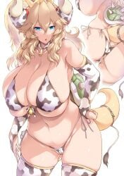 ass bowsette cameltoe cow_print cow_print_bikini curvy gigantic_breasts hand_on_hip mario_(series) nintendo plump skindentation tsukasawa_takamatsu