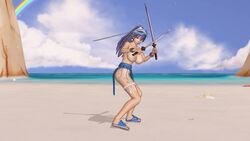 3d animated beach big_breasts blade blue_hair bottomless bouncing_breasts breasts female fight fighter green_eyes katana kick kicking naked ninja nipples no_bra no_panties no_sound nude pussy sword topless video z375