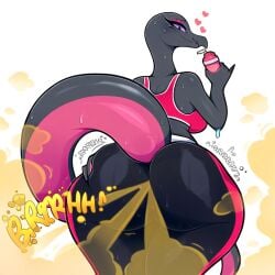 ai_generated anthro ass_focus bedroom_eyes black_body black_scales butt_focus fart fart_fetish female gassy gassy_female lizard lizard_girl lizard_humanoid milf novelai pokemon pokemon_(species) pov protein_shake purple_eyes salazzle sports_bra stinky_ass sweaty sweaty_butt teasing teasing_viewer yoga_pants