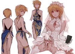 androgynous ass blonde_hair blue_dress bridal_gauntlets bridal_lingerie bridal_veil dress earrings female female_masturbation flower full_body genderswap_(mtf) gloves highres holding holding_phone hunter_x_hunter ik18166181ik jewelry kurapika lingerie looking_down masturbation medium_hair multiple_views pearl_thong phone pink_ribbon pussy pussy_juice red_eyes ribbon rose rule_63 simple_background solo thighhighs underwear veil white_background white_bridal_gauntlets white_flower white_gloves white_rose white_thighhighs