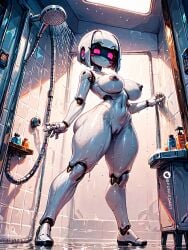 1robot_girl ai_generated big_breasts breasts looking_at_viewer naked nipples no_bra no_panties nude pink_eyes poncedart robot_humanoid short_hair shower standing thighs water