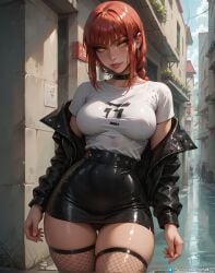 ai_generated big_hips chainsaw_man choker curvy curvy_figure female front_view long_hair makima_(chainsaw_man) pony_diffusion_xl red_hair secret_room12 shiny_skin stable_diffusion standing stockings waifu yellow_eyes