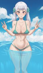 1girls absurd_res beach big_breasts bikini black_clover blush breasts double_v gigantic_breasts hi_res huge_breasts large_breasts looking_at_viewer micro_bikini noelle_silva ocean peace_sign purple_eyes royalty shiny_skin silver_hair skimpy smile standing standing_in_water sweat the_amazing_gambit thick_thighs thighs twintails v water wet wet_skin wide_hips