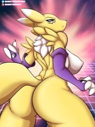 3:4 anthro areola ass bandai_namco big_breasts big_butt breasts canid canine digimon digimon_(species) female hi_res looking_at_viewer looking_back mammal momo-the-bunny nipples pink_areola pink_nipples pose renamon solo thick_thighs