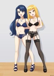 2girls artist_name black_bra black_panties black_shoe blonde_hair blue_bra blue_eyes blue_hair blue_panties blush bow_panties bra coco_(mermaid_melody_pichi_pichi_pitch) frilled_panties garter_belt grabbing_own_breast high_heels lingerie long_hair looking_at_viewer medium_breasts medium_hair mermaid_melody_pichi_pichi_pitch mole mole_under_eye navel noel_(mermaid_melody_pichi_pichi_pitch) panties pendant riouku shell_necklace standing straight_hair wavy_hair yellow_eyes