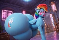 ,rainbow_dash_(mlp) ass ass, at big blue bodily bondage butt, clothing, cutie eyes, female, feral, fluids, furniture, gear, gloves, hair, handwear, hips, hooves jewelry, legs light, lips, lipst, looking mark, ponytail, saliva, solo, table, thick thighs, up, vhsclop115, viewer, wide window window, wings