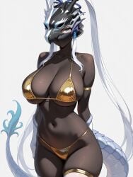 1girls ai_generated arms_tied_behind_back belly belly_button bikini blue_eyes bodysuit breasts civitai cleavage dragon_girl dragon_tail female female_focus female_only full_body full_body_suit gold_anklet gold_armwear gold_bikini gold_panties hands_behind_legs helmet helmet_over_eyes large_breasts long_hair mask masked masked_female mouth_mask nipple_bulge shiny_bikini solo solo_female solo_focus stomach swordsoul_of_mo_ye tail thick_hips thick_thighs thighhighs thighs twintails very_long_hair white_hair wide_hips yu-gi-oh!