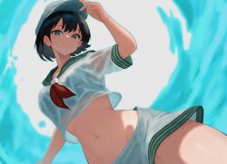 1girls black_hair bra_visible_through_clothes collared_shirt crop_top female_only fully_clothed green_eyes hand_on_hat hat looking_at_viewer midriff minamitsu_murasa moriforest1040 navel neckerchief red_neckerchief sailor_collar sailor_hat see-through see-through_clothing short_hair short_shorts short_sleeves shorts simple_background smile solo touhou water wet wet_clothes wet_shirt white_background white_hat white_shirt