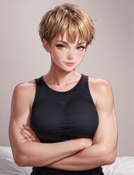 ai_generated armor arms_crossed blonde_hair curvy eteeming female_only grace_harper pixie_cut short_hair smile solo terminator terminator_(franchise) terminator_dark_fate tomboy