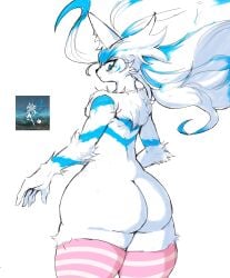 1boy 1femboy 2024 2d 5_fingers anthro ass ass_focus big_ass big_butt blue_body blue_eyes blue_fur blue_hair bubble_butt cat_ears closed_mouth curvy curvy_ass curvy_figure digital_media_(artwork) eyebrows eyelashes face_markings fat_ass felid feline felis femboy fluffy fur furry hi_res hips_wider_than_shoulders king_of_destiny_phonoa legwear long_hair looking_back markings markings_(fur) neck_tuft pincparti pink_clothing pink_thighhighs reference_image shaded simple_background solo solo_male standing striped_legwear the_battle_cats thick_thighs thighhighs uberfest_(the_battle_cats) white_body white_fur white_hair wide_hips