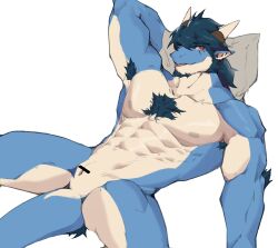 animal_genitalia anothereidos_of_dragon_vein_r anthro armpit_hair blue_body blue_hair blue_scales body_hair censor_bar censored censored_genital_slit censored_genitalia chest_hair dragon facial_hair folker_(anothereidos_r) genital_slit genitals goatee hair hi_res kurohei male mythological_creature mythological_scalie mythology nipples pillow red_eyes scales scalie sideburns solo spread_legs spreading tan_body tan_scales