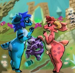 anthro atlyss balls blue_body blue_hair duo femboy genitals hair hi_res horn kobold lostwisdom male penis red_body scalie short_stack simple_background spots thick_thighs