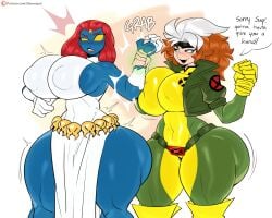 2girls alien alien_girl alien_humanoid blue_body blue_skin bubble_butt curvy curvy_figure curvy_hips jinu marvel marvel_comics mystique red_hair revealing_clothes rogue_(x-men) skinny_waist superhero text thick_ass thick_thighs voluptuous_female wide_hips