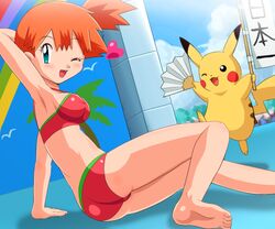 alternate_costume arm_support armpits ass barefoot bikini blue_eyes breasts feet human human_only kasumi_(pokemon) nintendo orange_hair outdoors pikachu pokemoa pokemon pokemon_rgby porta_vista red_hair sideboob soara soles swimsuit toes wink