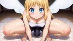 1futa ai_generated angel angel_wings ball_bulge blonde_hair blue_eyes blush bulge cleavage crimvael erect_nipples full-package_futanari futanari halo hanging_balls hanging_penis ishuzoku_reviewers long_hair looking_at_viewer medium_breasts on_bed penis_bulge spandex_shorts squatting thick_thighs white_dress