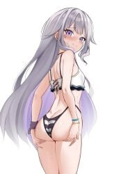 ass ass_grab ass_support bare_shoulders bikini blush butt_crack flat_chest from_behind gem grabbing_own_ass grey_hair hololive hololive_english hololive_english_-advent- jewel_under_eye jewelry koseki_bijou looking_at_viewer looking_back posing posing_for_the_viewer purple_eyes raikkonen simple_background small_breasts smiling smiling_at_viewer striped_bikini swimsuit virtual_youtuber wet