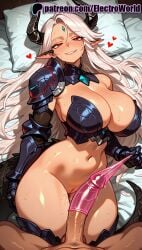 1boy 1girls 2025 ai_generated armor artist_name bed_sheet big_breasts big_breasts big_chest blush breasts breasts breasts bust busty chest cock dark_skin dick electroworld epic_seven erection female gauntlets heart hi_res high_quality high_resolution highres horns large_breasts laying_down long_hair luna_(epic_seven) lying lying_on_back navel on_back on_bed patreon patreon_username penis pillow pointy_ears red_eyes smile stable_diffusion straight sweat uncensored watermark white_hair