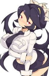 1girls big_breasts black_hair blush breasts clothing female female_only filia_(skullgirls) jellcaps large_breasts light-skinned_female light_skin red_eyes samson_(skullgirls) shirt skirt skullgirls solo thick_thighs tie voluptuous voluptuous_female wide_hips