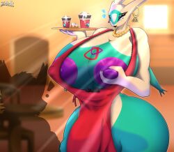 absurd_res anthro apron apron_only ass balls bedroom_eyes beverage big_breasts big_penis blue_eyes bodily_fluids breast_grab breasts bulge cafe clothed clothing coffee cum cum_in_mouth cum_inside dessert digital_media_(artwork) drinking drinking_cum ear_piercing erect_nipples eyeshadow female food gem generation_3_pokemon genital_fluids genitals hand_on_breast heart_symbol hi_res holding_food holding_object huge_breasts huge_cock hyper hyper_genitalia hyper_penis intersex jewelry latios legendary_pokemon lipstick makeup male maleherm mammal mature_female milk nails narrowed_eyes necklace nintendo nipples nude open_mouth pearl_(gem) pearl_necklace penis piercing pokemon pokemon_(species) rule_63 seductive simple_background size_difference smile solo standing tattoo thick_thighs white_body wings zadrex